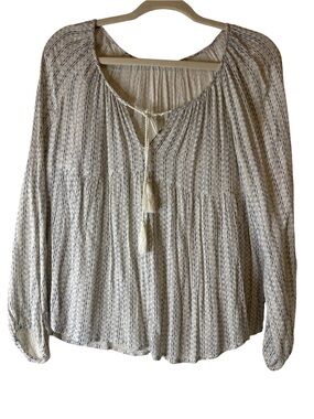 Boho Peasant Tie-Front Blouse in Blue & White, size M